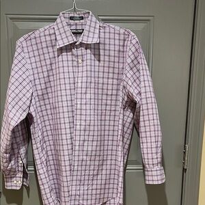 Kirkland Signature Men's Pink and White Plaid Shirt